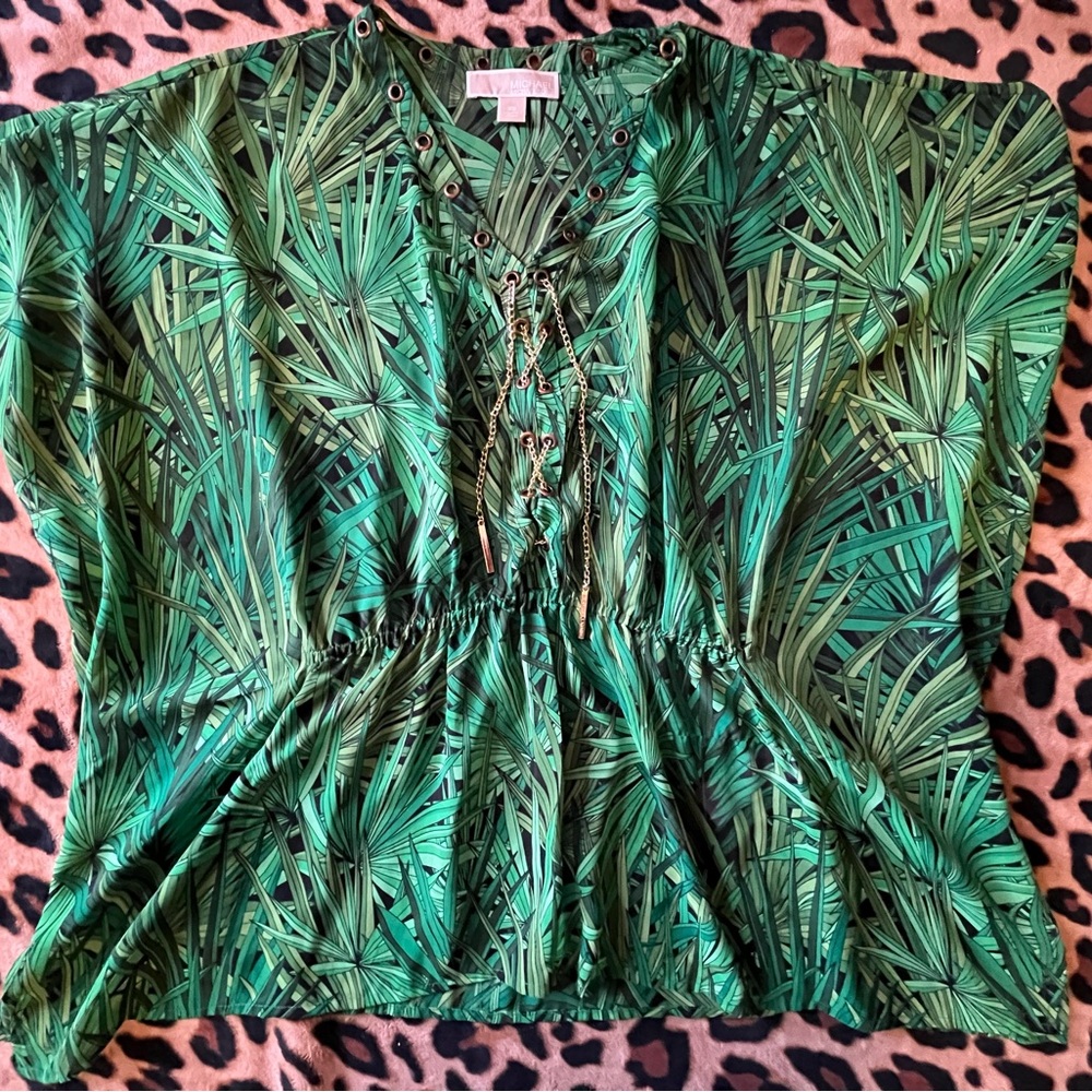 MICHAEL Michael Kors Palmetto Leaf Tropical Print Gold Chain Caftan XS